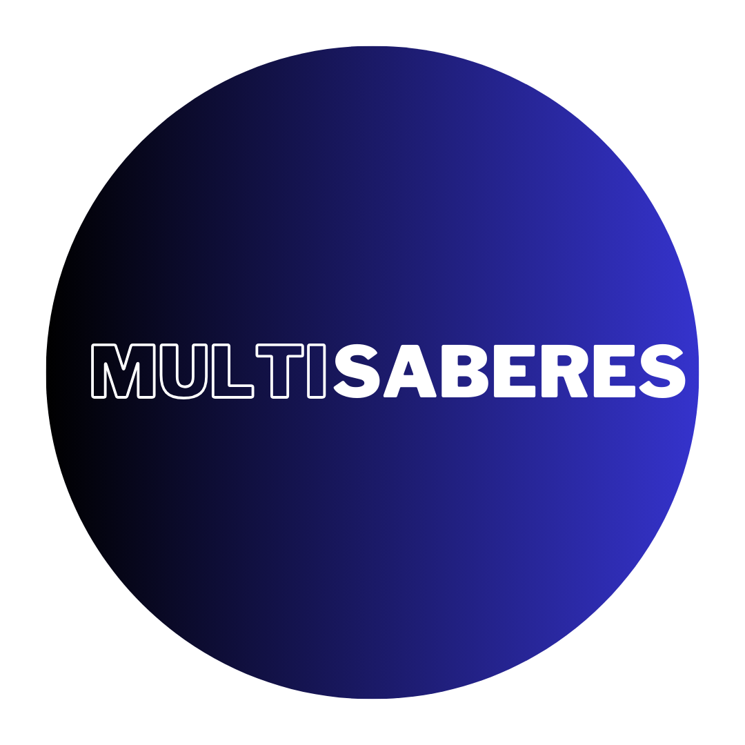 Uma elegante representação visual do conceito 'Multisaberes' é apresentada neste design. Um disco em tom de azul royal, que transita suavemente para tons mais claros em um degradê, domina o centro do cenário transparente. No coração desse disco, a palavra 'multi' é estilizada com letras brancas, apresentando bordas nítidas e miolo transparente. Logo ao lado, a palavra 'saberes' também surge em branco, com contornos definidos e um miolo preenchido. Essa composição equilibrada e moderna simboliza a diversidade e a clareza de conhecimentos oferecidos pelo Multisaberes.